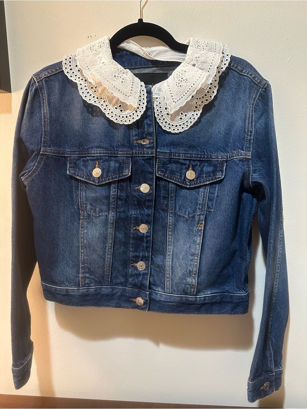 Maje Dark Blue Denim Jacket with White Lace Collar